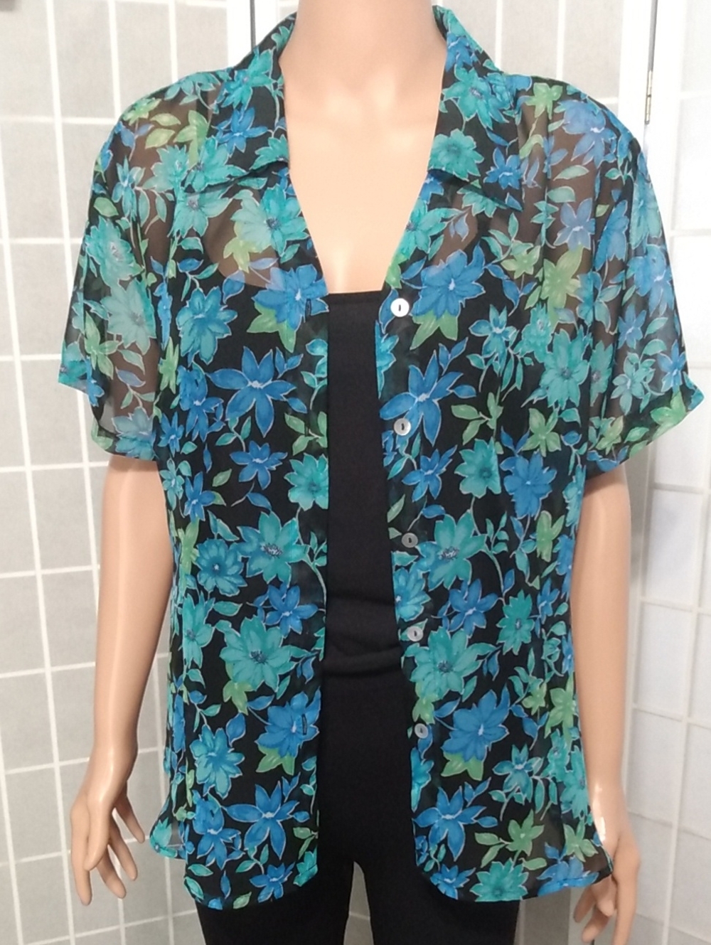 Apparenza Sheer Floral Button-Down Blouse - Blue & Green- Women's Large